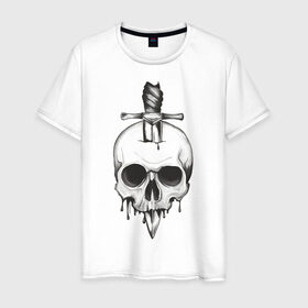 Мужская футболка хлопок с принтом Skull with dagger в городе Новоалтайск, 100% хлопок | прямой крой, круглый вырез горловины, длина до линии бедер, слегка спущенное плечо. | death | fear | rose | rose and skull | rose and snake | skull | skull and snake | skulls | snake | snakes | змеи | змея | роза | роза и змея | роза и череп | череп | череп и змея | черепа