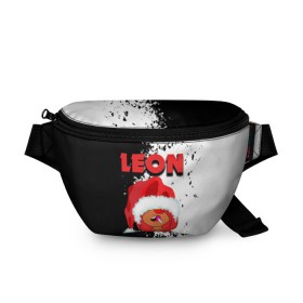 Поясная сумка 3D с принтом BRAWL STARS: LEON НОВОГОДНИЙ. в городе Новоалтайск, 100% полиэстер | плотная ткань, ремень с регулируемой длиной, внутри несколько карманов для мелочей, основное отделение и карман с обратной стороны сумки застегиваются на молнию | brawl stars | leon | moba | бравл старс | жанр | игра | леон | лого | логотип | надпись