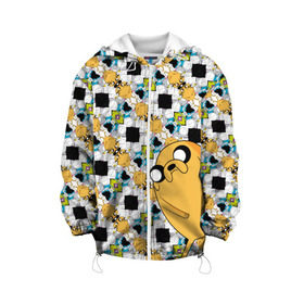 Детская куртка 3D с принтом Jake Adventure Time в городе Новоалтайск, 100% полиэстер | застежка — молния, подол и капюшон оформлены резинкой с фиксаторами, по бокам — два кармана без застежек, один потайной карман на груди, плотность верхнего слоя — 90 г/м2; плотность флисового подклада — 260 г/м2 | Тематика изображения на принте: adventure time | dsgnosadchaya | vdosadir | время приключений | джейк | пендлтон уорд | финн