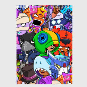 Скетчбук с принтом BRAWL STARS в городе Новоалтайск, 100% бумага
 | 48 листов, плотность листов — 100 г/м2, плотность картонной обложки — 250 г/м2. Листы скреплены сверху удобной пружинной спиралью | 8 bit | 8 бит | brawl stars | brawler | crow | emz | leon | nita | sandy | spike | бравл старз | бравлер | ворон | леон | нита | спайк | сэнди | эмз