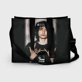 Сумка-шоппер 3D с принтом finn wolfhard в городе Новоалтайск, 100% полиэстер | застегивается на металлическую кнопку; внутренний карман застегивается на молнию. Стенки укреплены специальным мягким материалом, чтобы защитить содержимое от несильных ударов
 | finn wolfhard | очень странные дела | финн вулфард