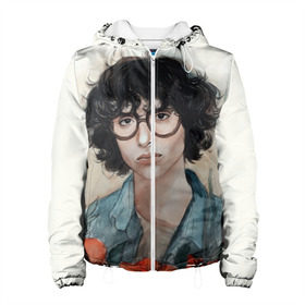 Женская куртка 3D с принтом finn wolfhard в городе Новоалтайск, ткань верха — 100% полиэстер, подклад — флис | прямой крой, подол и капюшон оформлены резинкой с фиксаторами, два кармана без застежек по бокам, один большой потайной карман на груди. Карман на груди застегивается на липучку | finn wolfhard | очень странные дела | финн вулфард