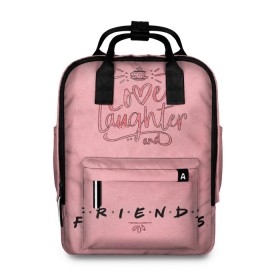 Женский рюкзак 3D с принтом Love laughter and Friends в городе Новоалтайск, 100% полиэстер | лямки с регулируемой длиной, сверху ручки, чтобы рюкзак нести как сумку. Основное отделение закрывается на молнию, как и внешний карман. Внутри два дополнительных кармана, один из которых закрывается на молнию. По бокам два дополнительных кармашка, куда поместится маленькая бутылочка
 | Тематика изображения на принте: chandler | friends | joe | joseph | lobster | monica | phoebe | pivot | rachel | ross | дженнифер | джо | джозеф | друзья | моника | росс | рэйчел | сериал friends | сериал друзья | фиби | чендлер