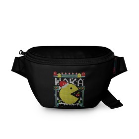 Поясная сумка 3D с принтом Pac-man sweater в городе Новоалтайск, 100% полиэстер | плотная ткань, ремень с регулируемой длиной, внутри несколько карманов для мелочей, основное отделение и карман с обратной стороны сумки застегиваются на молнию | cherry | christmas | holyday | new | pac man | pacman | snow | snowflakes | sweater | three | xmas | year | вишня | год | елка | клубника | новый | пакман | праздник | рождество | свитер