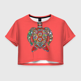 Женская футболка Crop-top 3D с принтом Черепаховый остров в городе Новоалтайск, 100% полиэстер | круглая горловина, длина футболки до линии талии, рукава с отворотами | девушки | декор | декоративный | женщины | животные | мода | море | морская жизнь | морская черепаха | морской мир | подводный мир | цветочный | цветы | черепаха