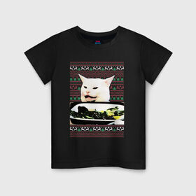 Детская футболка хлопок с принтом Woman yelling at Cat meme в городе Новоалтайск, 100% хлопок | круглый вырез горловины, полуприлегающий силуэт, длина до линии бедер | девушка кричит на кота | кот за столом | кот за столом мем | кричат на кота | кричат на кота мем | мем кот за столом | мем кричат на кота