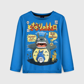 Детский лонгслив 3D с принтом My Neighbor Totoro заяц на синем в городе Новоалтайск, 100% полиэстер | длинные рукава, круглый вырез горловины, полуприлегающий силуэт
 | anime | hayao miyazaki | japanese | meme | miyazaki | piano | studio ghibli | tokyo | totoro | гибли | котобус | мой | сосед | сусуватари | тонари | тоторо | хаяо миядзаки