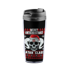 Термокружка-непроливайка с принтом Satan claus в городе Новоалтайск, внутренняя часть — пищевой пластик, наружная часть — прозрачный пластик, между ними — полиграфическая вставка с рисунком | объем — 350 мл, герметичная крышка | 