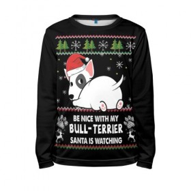 Детский лонгслив 3D с принтом Santa bull Terrier в городе Новоалтайск, 100% полиэстер | длинные рукава, круглый вырез горловины, полуприлегающий силуэт
 | 