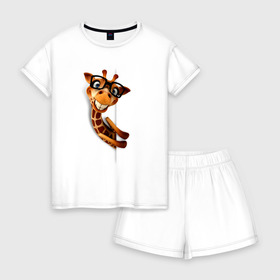 Женская пижама с шортиками хлопок с принтом Жираф в городе Новоалтайск, 100% хлопок | футболка прямого кроя, шорты свободные с широкой мягкой резинкой | животное | животное в очках | жираф | жираф в очках | забавное | рисунок