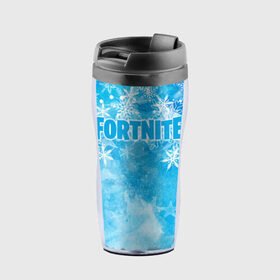 Термокружка-непроливайка с принтом Fortnite Новогодний в городе Новоалтайск, внутренняя часть — пищевой пластик, наружная часть — прозрачный пластик, между ними — полиграфическая вставка с рисунком | объем — 350 мл, герметичная крышка | 