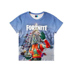 Детская футболка 3D с принтом Fortnite Новогодний в городе Новоалтайск, 100% гипоаллергенный полиэфир | прямой крой, круглый вырез горловины, длина до линии бедер, чуть спущенное плечо, ткань немного тянется | Тематика изображения на принте: christmas | epic games | fortnite | игры | новый год | рождество | фортнайт