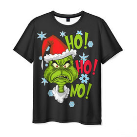 Мужская футболка 3D с принтом Grinch Face No! No! No! в городе Новоалтайск, 100% полиэфир | прямой крой, круглый вырез горловины, длина до линии бедер | christmas | claus | grinch stole | how the | jingle | merry | santa | гринч | гуманоид | диккенс | ктоград | олени | рождество | снежинки | чарльз