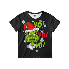 Детская футболка 3D с принтом Grinch Face No! No! No! в городе Новоалтайск, 100% гипоаллергенный полиэфир | прямой крой, круглый вырез горловины, длина до линии бедер, чуть спущенное плечо, ткань немного тянется | Тематика изображения на принте: christmas | claus | grinch stole | how the | jingle | merry | santa | гринч | гуманоид | диккенс | ктоград | олени | рождество | снежинки | чарльз