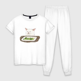 Женская пижама хлопок с принтом Woman Yelling At Cat Meme в городе Новоалтайск, 100% хлопок | брюки и футболка прямого кроя, без карманов, на брюках мягкая резинка на поясе и по низу штанин | Тематика изображения на принте: cat | cat meme | женщина кричит на кота | интернет | кот | кот мем | котейка | котенок | кошак | мем | приколы