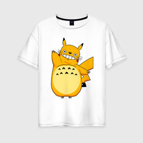 Женская футболка хлопок Oversize с принтом Pika Totoro в городе Новоалтайск, 100% хлопок | свободный крой, круглый ворот, спущенный рукав, длина до линии бедер
 | forest | friend | ghibli | japan | keeper | miyazaki | nature | neigbor | neighbour | pikachu | pokemon | totoro | анимация | аниме | гибли | друг | животные | лес | любовь | милый | мир | миядзаки | мульт | мультфильм | пика | пикачу | покемон | приключе