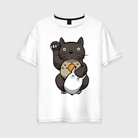 Женская футболка хлопок Oversize с принтом Totoro Maneki Neko в городе Новоалтайск, 100% хлопок | свободный крой, круглый ворот, спущенный рукав, длина до линии бедер
 | cat | forest | friend | ghibli | japan | keeper | miyazaki | nature | neigbor | neighbour | totoro | анимация | аниме | гибли | друг | животные | кот | котенок | котик | кошка | лес | любовь | милый | мир | миядзаки | мульт | мультфильм
