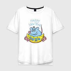 Мужская футболка хлопок Oversize с принтом Happy New Year! Крыса с сыром в городе Новоалтайск, 100% хлопок | свободный крой, круглый ворот, “спинка” длиннее передней части | 2020 | mouse | rat | годкрысы | годмыши | зима | зимняя | крыса | мороз | мышка | мышь | новогодняя | новый год | новый год 2020 | рождество | симолгода | снег | холод