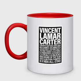 Кружка двухцветная с принтом Vince Carter в городе Новоалтайск, керамика | объем — 330 мл, диаметр — 80 мм. Цветная ручка и кайма сверху, в некоторых цветах — вся внутренняя часть | Тематика изображения на принте: basketball | carter | game | nba | raptors | sport | toronto | vince | баскетбол | винс | динозавр | игра | игрок | картер | мяч | нба | победа | рэпторс | спорт | торонто | тренер | чемпион