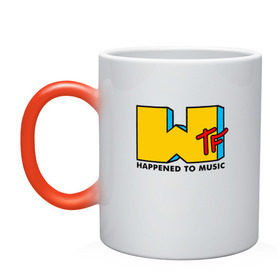 Кружка хамелеон с принтом WTF happened to music в городе Новоалтайск, керамика | меняет цвет при нагревании, емкость 330 мл | mtv | music | tv | wtf | логотип | музыка | тв