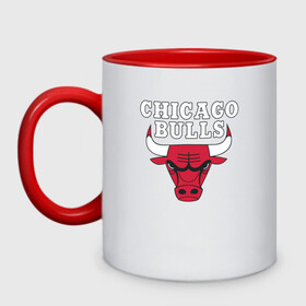 Кружка двухцветная с принтом CHICAGO BULLS в городе Новоалтайск, керамика | объем — 330 мл, диаметр — 80 мм. Цветная ручка и кайма сверху, в некоторых цветах — вся внутренняя часть | bulls | chicago | chicago bulls | nba | red bulls | usa | америка | быки | нба | сша | чикаго буллс