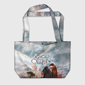 Пляжная сумка 3D с принтом Good Omens в городе Новоалтайск, 100% полиэстер | застегивается на металлическую кнопку; внутренний карман застегивается на молнию. Стенки укреплены специальным мягким материалом, чтобы защитить содержимое от несильных ударов
 | Тематика изображения на принте: aziraphale | crowley | david | demon | good | omens | pratchett | tennant | terry | азирафаэль | ангел | благие | демон | дэвид | знамения | кроули | майкл шин | пратчетт | теннант | терри