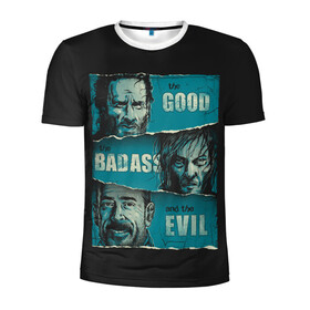 Мужская футболка 3D спортивная с принтом Good, Badass, Evil  в городе Новоалтайск, 100% полиэстер с улучшенными характеристиками | приталенный силуэт, круглая горловина, широкие плечи, сужается к линии бедра | amc | carol | daryl | dixon | michonne | negan | reaction | rick | season 10 | twd | zombies | диксон | дэрил | зомби | мертвецы | мишонн | неган | реакция | рик | ходячие