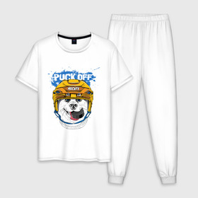 Мужская пижама хлопок с принтом Hockey Dog в городе Новоалтайск, 100% хлопок | брюки и футболка прямого кроя, без карманов, на брюках мягкая резинка на поясе и по низу штанин
 | art | dog | dog in the helmet | dog with the puck | doggie | helmet | hockey | puck | арт | пёс | пёсик | собака | собака в шлеме | собака с шайбой | собачка | хоккей | шайба | шлем