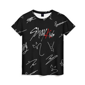 Женская футболка 3D с принтом STRAY KIDS в городе Новоалтайск, 100% полиэфир ( синтетическое хлопкоподобное полотно) | прямой крой, круглый вырез горловины, длина до линии бедер | skz | stray kids | бан чан | ли ноу | скз | стрей кидс | сынмин | уджин | феликс | хан | хёджин | чанбин