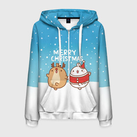 Мужская толстовка 3D на молнии с принтом Molang Merry Christmas в городе Новоалтайск, 100% полиэстер | длина до линии бедра, манжеты и пояс оформлены мягкой тканевой резинкой, двухслойный капюшон со шнурком для регулировки, спереди молния, по бокам два кармана | chicken | christmas | deer | korea | molang | newyear | piupiu | rabbit | smow | snowflakes | winter | год | зима | корея | кролик | моланг | новый | олень | пиу | рождество | снег | снежинка