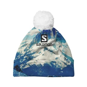 Шапка 3D c помпоном с принтом SALOMON в городе Новоалтайск, 100% полиэстер | универсальный размер, печать по всей поверхности изделия | salomon | горы | снег | спорт