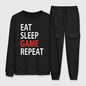 Мужской костюм хлопок с принтом Eat sleep game repeat в городе Новоалтайск, 100% хлопок | на свитшоте круглая горловина, мягкая резинка по низу. Брюки заужены к низу, на них два вида карманов: два “обычных” по бокам и два объемных, с клапанами, расположенные ниже линии бедра. Брюки с мягкой трикотажной резинкой на поясе и по низу штанин. В поясе для дополнительного комфорта — широкие завязки | bf | cod | cs go | dota 2 | eat sleep game repert | esgr | gamer | games | lol | mem | memes | pc | ps3 | ps4 | wow | xbox | ешь спи играй повтори | игра | игрок | игры | мем | мемы