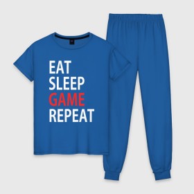 Женская пижама хлопок с принтом Eat sleep game repeat в городе Новоалтайск, 100% хлопок | брюки и футболка прямого кроя, без карманов, на брюках мягкая резинка на поясе и по низу штанин | bf | cod | cs go | dota 2 | eat sleep game repert | esgr | gamer | games | lol | mem | memes | pc | ps3 | ps4 | wow | xbox | ешь спи играй повтори | игра | игрок | игры | мем | мемы
