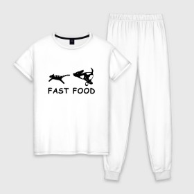 Женская пижама хлопок с принтом Fast food (черный) в городе Новоалтайск, 100% хлопок | брюки и футболка прямого кроя, без карманов, на брюках мягкая резинка на поясе и по низу штанин | fast food | бег | быстрая еда | быстро | догнать | домашние животные | животные | забавные животные | кот | кот и пес | кошка | ловить | любителю собак | пес | преследовать | прикол | смешное