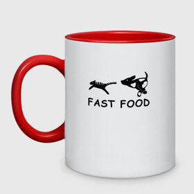 Кружка двухцветная с принтом Fast food (черный) в городе Новоалтайск, керамика | объем — 330 мл, диаметр — 80 мм. Цветная ручка и кайма сверху, в некоторых цветах — вся внутренняя часть | fast food | бег | быстрая еда | быстро | догнать | домашние животные | животные | забавные животные | кот | кот и пес | кошка | ловить | любителю собак | пес | преследовать | прикол | смешное