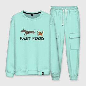 Мужской костюм хлопок с принтом Fast food (цвет) в городе Новоалтайск, 100% хлопок | на свитшоте круглая горловина, мягкая резинка по низу. Брюки заужены к низу, на них два вида карманов: два “обычных” по бокам и два объемных, с клапанами, расположенные ниже линии бедра. Брюки с мягкой трикотажной резинкой на поясе и по низу штанин. В поясе для дополнительного комфорта — широкие завязки | fast food | бег | быстрая еда | быстро | догнать | домашние животные | животные | забавные животные | кот | кот и пес | кошка | кошка бежит | кошка и собака | ловить | любителю кошек | пес | преследовать