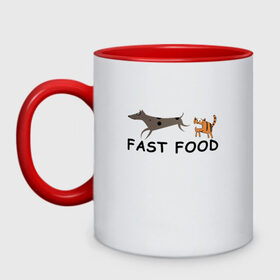 Кружка двухцветная с принтом Fast food (цвет) в городе Новоалтайск, керамика | объем — 330 мл, диаметр — 80 мм. Цветная ручка и кайма сверху, в некоторых цветах — вся внутренняя часть | fast food | бег | быстрая еда | быстро | догнать | домашние животные | животные | забавные животные | кот | кот и пес | кошка | кошка бежит | кошка и собака | ловить | любителю кошек | пес | преследовать