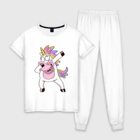 Женская пижама хлопок с принтом Dabbing Unicorn в городе Новоалтайск, 100% хлопок | брюки и футболка прямого кроя, без карманов, на брюках мягкая резинка на поясе и по низу штанин | best | dab | dabbig | dance | freedom | hip hop | music | rap | unicorn | даб | даббинг | единорог | крутой | лучший | музыка | рэп | рэпер | свобода | танец | хип хоп