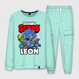Мужской костюм хлопок с принтом BRAWL STARS LEON в городе Новоалтайск, 100% хлопок | на свитшоте круглая горловина, мягкая резинка по низу. Брюки заужены к низу, на них два вида карманов: два “обычных” по бокам и два объемных, с клапанами, расположенные ниже линии бедра. Брюки с мягкой трикотажной резинкой на поясе и по низу штанин. В поясе для дополнительного комфорта — широкие завязки | brawl stars | brawl stars leon | brawler | leon | shark | werewolf | акула | бравл старз | бравлер | леон | оборотень