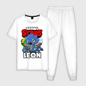 Мужская пижама хлопок с принтом BRAWL STARS LEON в городе Новоалтайск, 100% хлопок | брюки и футболка прямого кроя, без карманов, на брюках мягкая резинка на поясе и по низу штанин
 | brawl stars | brawl stars leon | brawler | leon | shark | werewolf | акула | бравл старз | бравлер | леон | оборотень