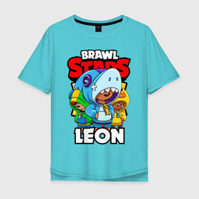 Мужская футболка хлопок Oversize с принтом BRAWL STARS LEON в городе Новоалтайск, 100% хлопок | свободный крой, круглый ворот, “спинка” длиннее передней части | brawl stars | brawl stars leon | brawler | leon | sally | shark | werewolf | акула | бравл старз | бравлер | леон | оборотень | салли