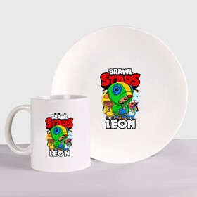 Набор: тарелка + кружка с принтом BRAWL STARS LEON в городе Новоалтайск, керамика | Кружка: объем — 330 мл, диаметр — 80 мм. Принт наносится на бока кружки, можно сделать два разных изображения. 
Тарелка: диаметр - 210 мм, диаметр для нанесения принта - 120 мм. | Тематика изображения на принте: brawl stars | brawl stars leon | brawler | leon | sally | shark | акула | бравл старз | бравлер | леон | салли