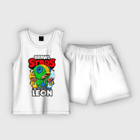 Детская пижама с шортами хлопок с принтом BRAWL STARS LEON в городе Новоалтайск,  |  | brawl stars | brawl stars leon | brawler | leon | sally | shark | акула | бравл старз | бравлер | леон | салли
