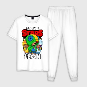 Мужская пижама хлопок с принтом BRAWL STARS LEON в городе Новоалтайск, 100% хлопок | брюки и футболка прямого кроя, без карманов, на брюках мягкая резинка на поясе и по низу штанин
 | brawl stars | brawl stars leon | brawler | leon | sally | shark | акула | бравл старз | бравлер | леон | салли