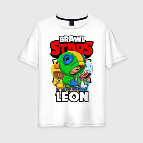 Женская футболка хлопок Oversize с принтом BRAWL STARS LEON в городе Новоалтайск, 100% хлопок | свободный крой, круглый ворот, спущенный рукав, длина до линии бедер
 | brawl stars | brawl stars leon | brawler | leon | sally | shark | акула | бравл старз | бравлер | леон | салли