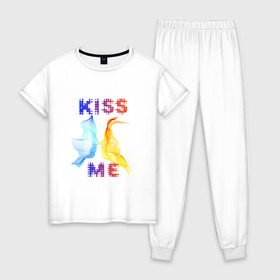 Женская пижама хлопок с принтом Kiss Me в городе Новоалтайск, 100% хлопок | брюки и футболка прямого кроя, без карманов, на брюках мягкая резинка на поясе и по низу штанин | cyber | kiss | абстракция | волны | любовь | поцелуй