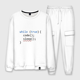 Мужской костюм хлопок с принтом Code - sleep в городе Новоалтайск, 100% хлопок | на свитшоте круглая горловина, мягкая резинка по низу. Брюки заужены к низу, на них два вида карманов: два “обычных” по бокам и два объемных, с клапанами, расположенные ниже линии бедра. Брюки с мягкой трикотажной резинкой на поясе и по низу штанин. В поясе для дополнительного комфорта — широкие завязки | c | c++ | code | coder | computer | hacker | java | programm | tag | жизнь | код | кодер | программа | программист | сон | хакер | хочу спать