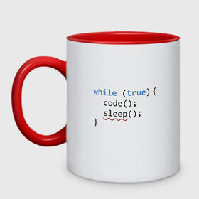 Кружка двухцветная с принтом Code - sleep в городе Новоалтайск, керамика | объем — 330 мл, диаметр — 80 мм. Цветная ручка и кайма сверху, в некоторых цветах — вся внутренняя часть | Тематика изображения на принте: c | c++ | code | coder | computer | hacker | java | programm | tag | жизнь | код | кодер | программа | программист | сон | хакер | хочу спать