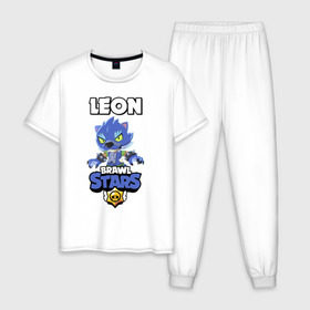 Мужская пижама хлопок с принтом BRAWL STARS ОБОРОТЕНЬ LEON. в городе Новоалтайск, 100% хлопок | брюки и футболка прямого кроя, без карманов, на брюках мягкая резинка на поясе и по низу штанин
 | brawl stars | colt | crow | leon | leon shark | moba | sally leon | shark | акула | берли | бравл старс | ворон | жанр | игра | кольт | леон | нита | оборотень | оборотень leon | шелли