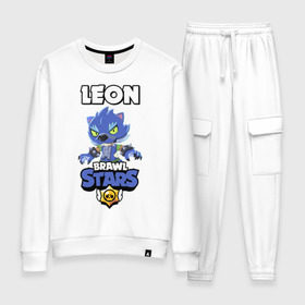 Женский костюм хлопок с принтом BRAWL STARS ОБОРОТЕНЬ LEON. в городе Новоалтайск, 100% хлопок | на свитшоте круглая горловина, мягкая резинка по низу. Брюки заужены к низу, на них два вида карманов: два 